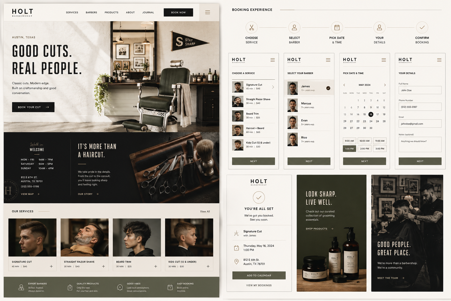 Barbershop web concept for Holt with appointment-focused interface.