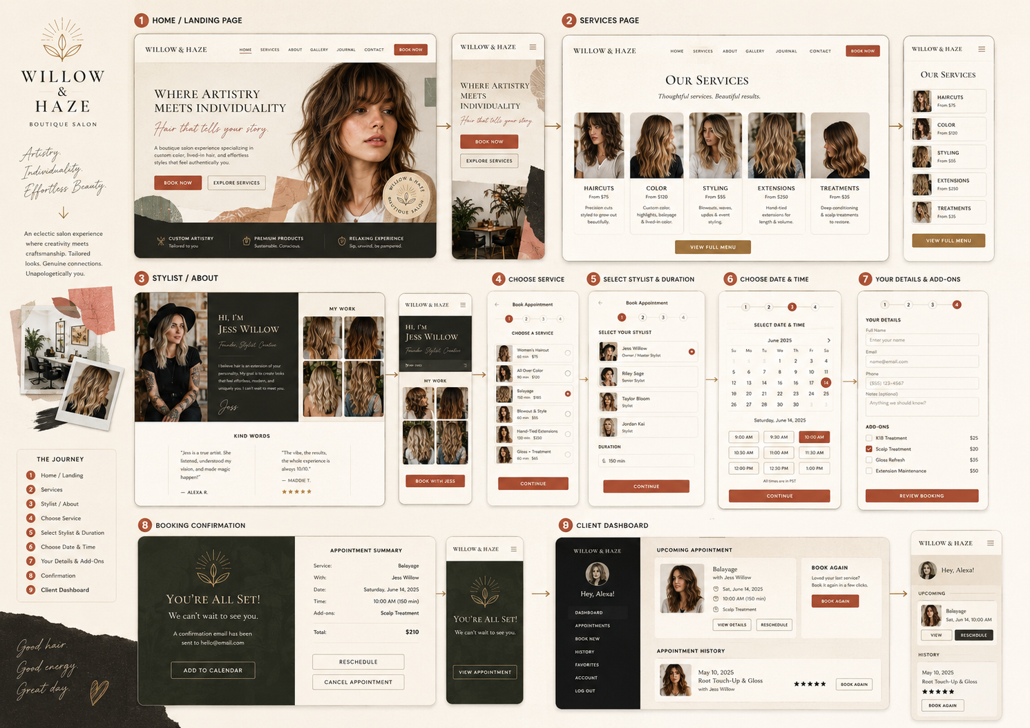 Hair stylist web design for Willow and Haze.